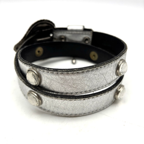 Vintage 80s 90s LEATHEROCK Silver Leather Dangle Buckle Jeweled Waist Belt 25-29 - Picture 2 of 15